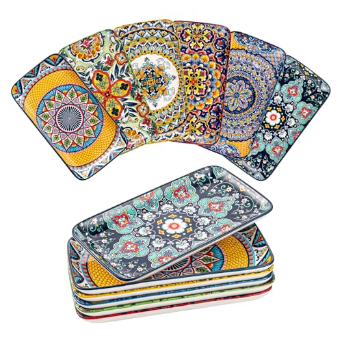 HENXFEN LEAD Boho Ceramic Dinner Plates 10 Inch – Large Rectangular Serving Plates Set of 6 for Salad, Sushi & Main Dishes, Microwave & Dishwasher Safe