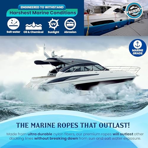 Image of Premium Nylon Boat Dock Lines & Ropes for Docking 3 /8'' x 15' | Double Braided Marine Rope & Mooring Line| Boat Ropes for Docking with Loop | UV & Saltwater Resistant Dock Ropes for Boats & Pontoons