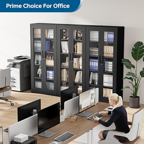 Display Storage Cabinet with Glass Door, 71 Inches Metal Curio Cabinet with 4 Adjustable Shelves, Locking Glass Display Case for Home, Office, Clinic, Pantry, Assemble Required (Black)