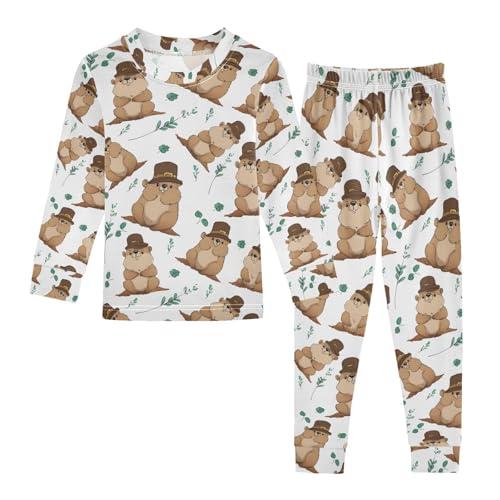 ALAZA Groundhog Animal Green Leaf Pajamas Long Sleeve Sleepwear 2-Piece Pajama Set