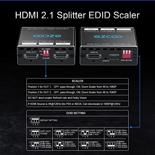 ROFAVEZCO 4K 120Hz HDMI 2.1 Splitter 8K 60Hz 1 in2 out VRR ALLM HDCP2.3 HDR10 8KUHD D-olby Vision Atmos Scaler 4K EDID 1080P Dual Monitors HDMI 2.1 Splitter 1X2 for PS5 SkyQ Xbox NVIDIA AMD - Image 4