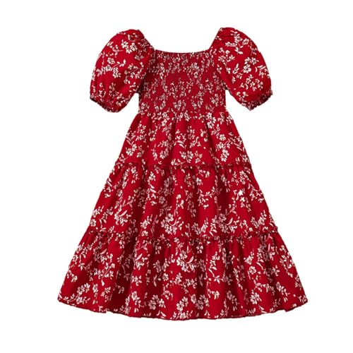 KAGAYD Kids Girls Summer Dress Puff Sleeve Ruffle Smocked Square Neck Midi Dress 8~12 Years