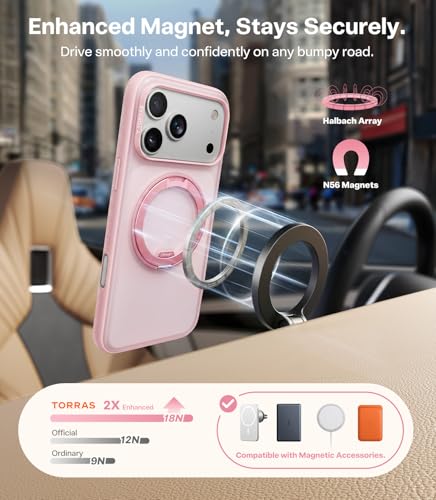 Image of TORRAS for iPhone 17 Pro Max Case, 360 Magnetic Stand, [Fit for MagSafe] [4X Military-Grade Protection] Slim Case for iPhone 17 Pro Max Phone case,6.9 inch, Translucent Pink, Ostand O3 Fitness Series