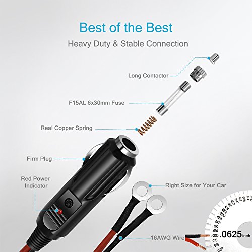 [UL Wire]Chanzon 6Ft Male Plug Cigarette Lighter Outlet + Eyelet Terminal Spring Power Supply Cord 12V 16AWG Heavy Duty Cable Fused DC Power 12 24 Volt Socket for Car Inverter Tire Inflator Air Pump