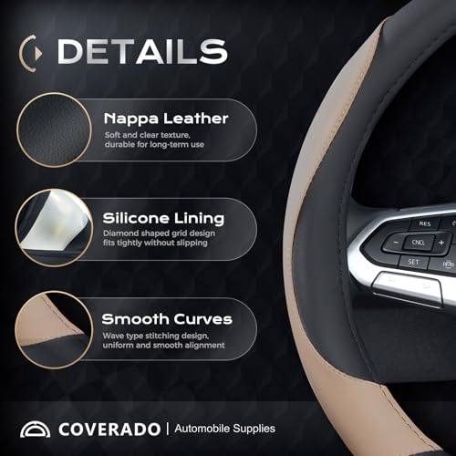 Image of Coverado Car Steering Wheel Cover, Nappa Leather Black & Brown Steering Wheel Covers, Universal 14-15 inch, Anti-Slip, Breathable Steering Wheel Protector for Women Men
