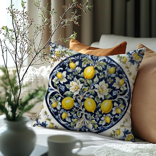 Image of Italian Amalfi Coast Lemon Pillow Cover 18x18 Double-Sided, Blue and White Mediterranean Citrus Fruit Decorative Throw Pillow Cover for Home Living Room Bedroom