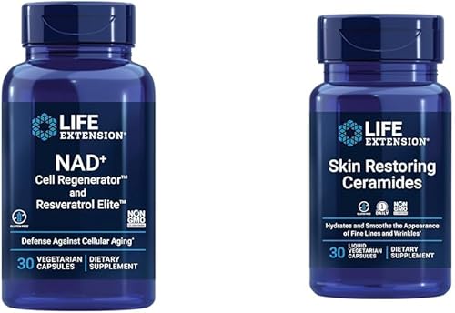 Life Extension Regenerador celular NAD+, Resveratrol Elite, ceramidas para hidratación de la piel, líneas finas, 30 cápsulas