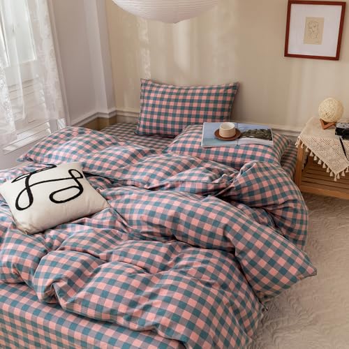 Image of Queen Comforter Set Modern Style Checkered Pattern Comforter Purple Pink Plaid Bedding Comforter Lightweight Fluffy Soft Boho Grid Bedding Geometric Plaid Comforter Set Queen with 2 Pillowcases