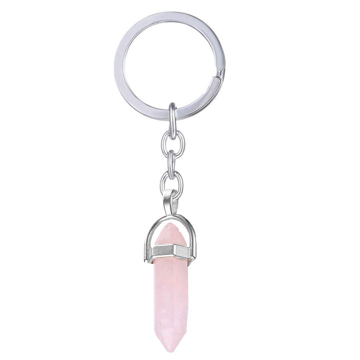 ZIVOM® Hexagon Bullet Pencil Natural Rose Pink Quartz Crystal Stone Key Chain Key Ring