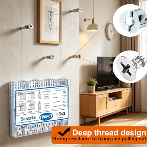 Image of 190 PCS Self Drilling Drywall Anchors with Screws Kit-2 Sizes Sheetrock Anchors & 4 Sizes Zinc Expansion Screws,Upgraded Zinc Plated Steel,No Drill Needed, Holds Up to 66LB on Walls(Sliver)