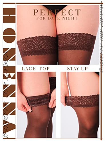Image of HONENNA Plus Size Thigh High Stockings, Semi Sheer Stay Up Lingerie Lace Top Pantyhose for Curvy Women