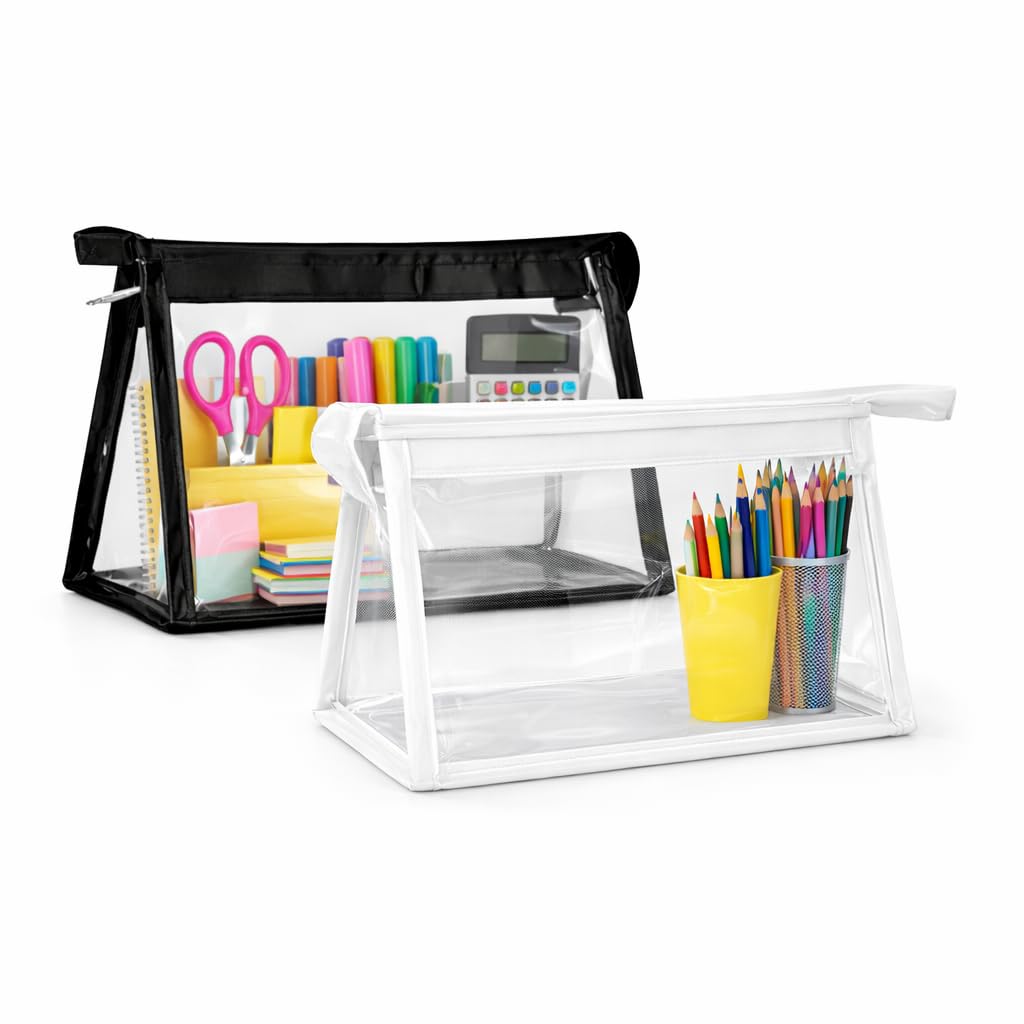 AQBAH Large Capacity Big Pencil Pouch for Girls & Boys, Transparent Pen Bag Organizer for School, Collage, Office, Cute Cosmetic Bag for Girls, Multi-Purpose Stationary Bag Pack of 2(White & Black)