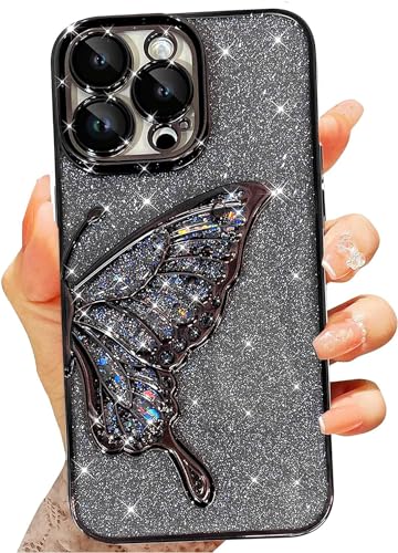 Image of SHINESTAR 3D Butterfly Case for iPhone 14 Pro Max Cover, Cute Girly Glitter Bling Luxury Back Cover for Women Girls Protective Shockproof Slim Camera Protection for iPhone 14 Pro Max - Black