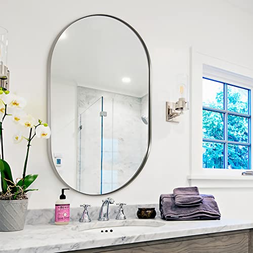 Andy Star Chrome Bathroom Mirror, 26X38’’ Oval Mirrors For Bathroom, Polished Nickel Mirror, Pill Shaped Mirror Chrome Metal Framed, Sus304 Anti-Rust, 1’’ Deep Wall-Mounted Vertically/Horizontally #TOP5