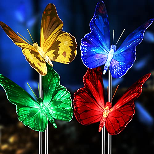 Upgraded Outdoor Solar Garden Lights - 4 Pack Solar Butterfly Decorative Lights - Color Changing LED Waterproof Solar Stake Lights for Garden, Patio, Yard, Lawn, Walkway Decoration