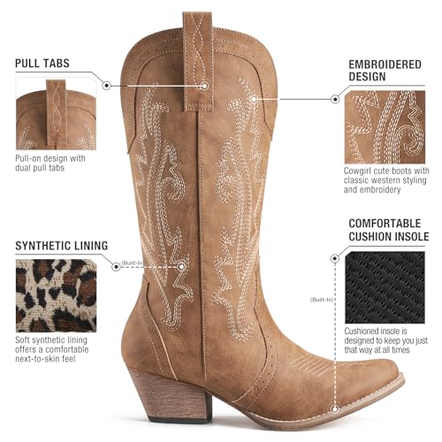 Image of HISEA Rollda Cowboy Boots for Women, Cowgirl Boots, Comfortable Western Boots with Pointed Toe Stitched Embroidery for Country Concert Dancing Wedding Traveling Daily Outfits