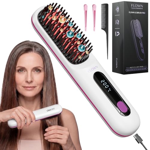 flown Original Go Brush PRO [Five Minutes Hair Styling Routine] - No Damage Heat Brush with USB-C Charger - Electric Travel Pocket Brush for All Hair Types - White (Formerly Numoya)