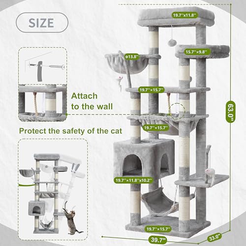 Image of Gitelsnour Cat Tree, 63'' Cat Tower for Large Cats, Big Hammock GCT020W