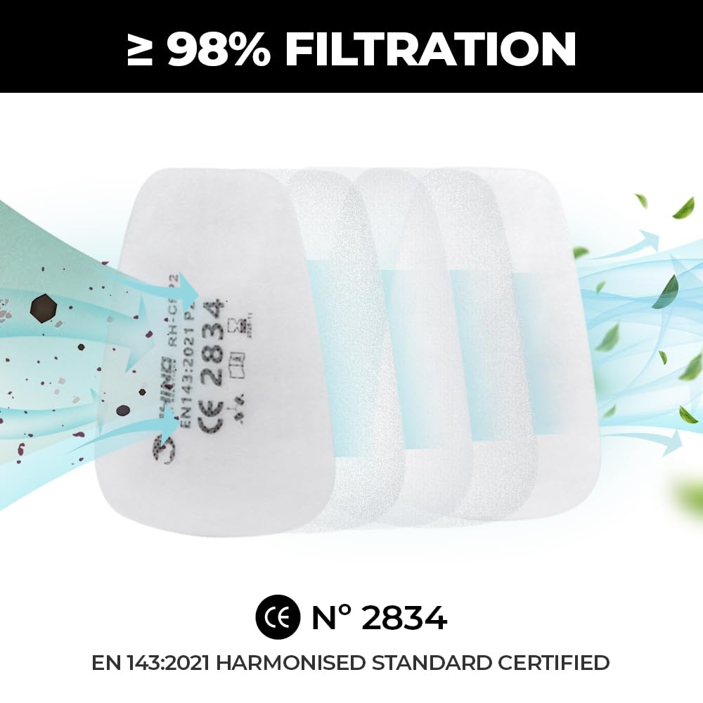 RHINO Smart Solutions Filtros de Algodón FFP2 para Filtro de Carbono y Mascarilla Reutilizable Anti Gas, Polvo, Pintura, Química, Vapores, Fitosanitarios (100 Filtros (+6 Tapas))