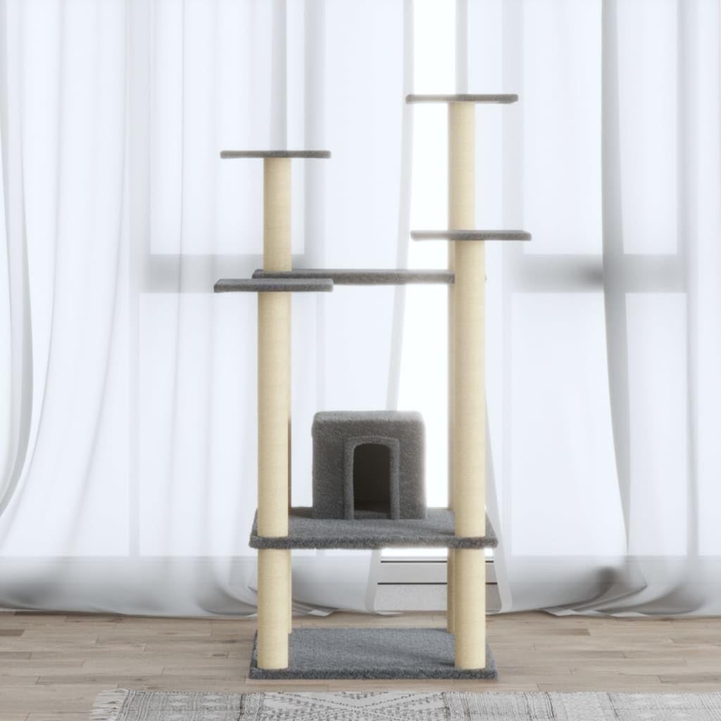 Kratzbaum für Katzen mit Sisal-Kratzsäulen 110 cm Hellgrau, Stabiler Kletterbaum mit Haus, Plattformen und Plüsch