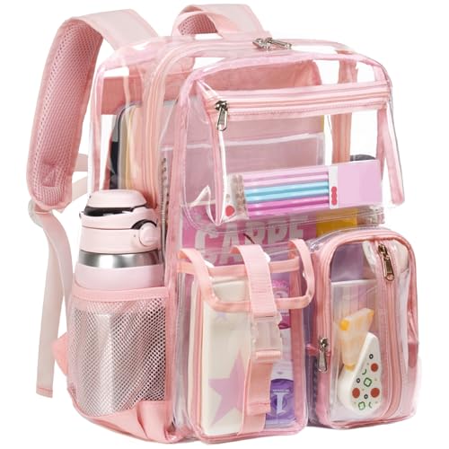 Vorspack Heavy Duty Clear Backpack - Multi-pockets Clear Bookbag for Girls Transparent See Through Backpack for School College Work Festival - Pink