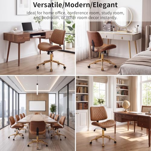 FervorFurn Armless Office Chair with Back, Mid Century Modern Walnut Style Desk Chair, No Arms Leather Computer Chair for Home Office, Vanity Chair, Seat-Rocking, Adjustable Height (Light Brown) - image 6