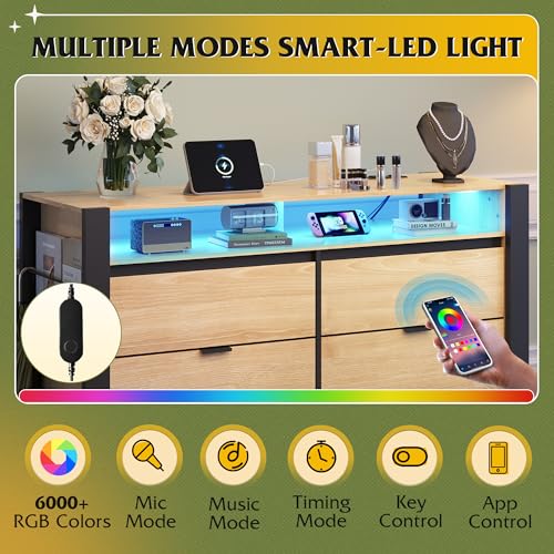 Image of WLIVE 6 Drawer Led Dresser for Bedroom, 51 inch Wood Dresser with Charging Station for 55 inch TV, Dressers with Open Shelves, Hanging Rack, Chest of Drawers for Closet, Living Room, Light Oak