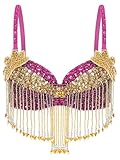 Agoky Crop Top De Danza del Vientre para Mujer Sujetador con Borlas De Lentejuelas Top Baile Oriental Disfraz De Bailarina Rosa Caliente Talla única