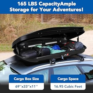 Garvee Heavy Duty Hard Shell Roof Top Cargo Carrier - 69(L) x33(W) x11(H) Waterproof Lockable Storage Box Capacity 165 Lbs 17 Cu Ft - Tool-Free Install- Fits SUV, Truck, Van