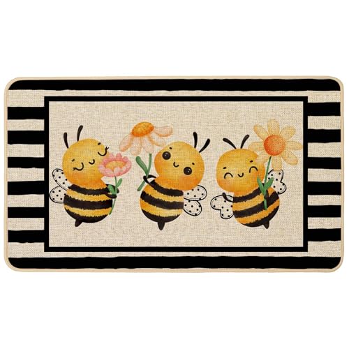 Baccessor Spring Doormat 17x29 inch, Bee Flower Black Stripe Welcome Door Mat Rug for Floor Non Slip Rubber Backing Seasonal Holiday Decor for Indoor Outdoor