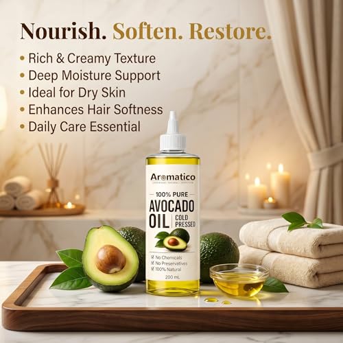 Image of AROMATICO Cold Pressed Avocado Oil for Hair & Skin - Avocado Hair Oil for Deep Conditioning, Dry & Damaged Hair | Nourishing Body Massage Oil | 200ml