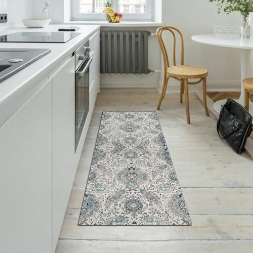 Alfombra de pasillo bohemia de 40x500 cm en gris y azul lavable 5