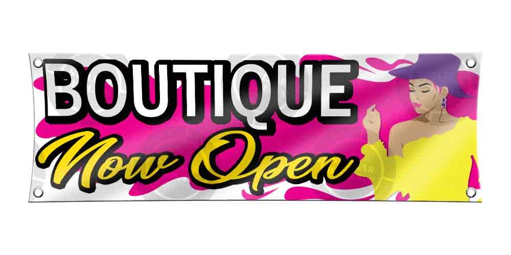 Boutique Now Open Banner (1ft X 3ft) Open Sign Fashion Display Designer Clothes & Accessories Poster Grand Opening