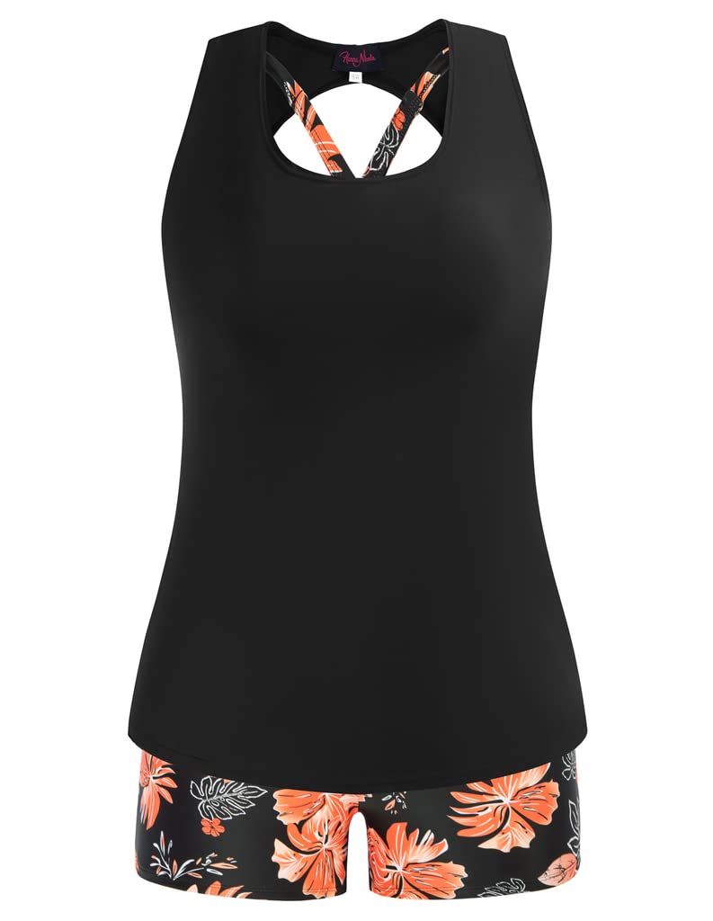 Hanna Nikole Tankini voor dames, sportief, grote maten, driedelige tanktop, met boyshorts, push-up, badpak, zwempak, olijfgroen strepen, 56 Grote maten