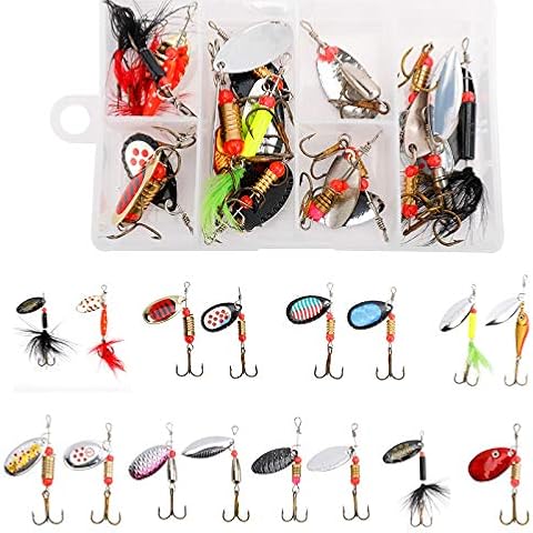 Amarine Made 16pcs Fishing Lures Spinnerbait Kit Bass Trout Salmon Walleye Spinner Lures Hard Metal Spoon Lures Tackle Box-for Freshwater Saltwater Cover