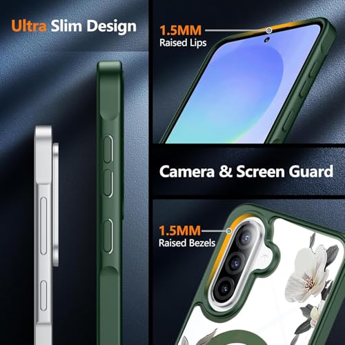 Image of VONZEE Compatible with Samsung Galaxy A37 5G Case Luxury Retro Flowers Floral Clear for Magnetic Wireless Charging Case Shockproof PC+TPU Cute Glossy Shiny Cover for Girls Women, Green