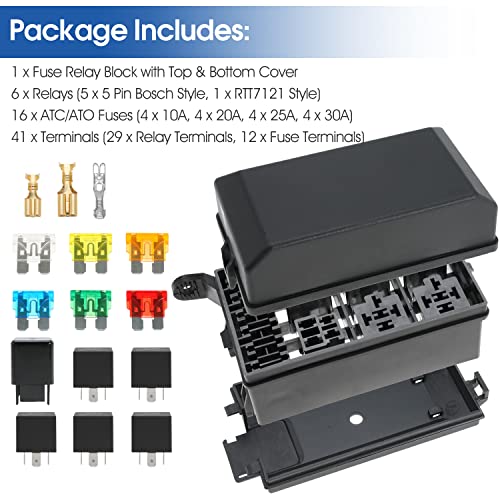 Waterproof 12V Fuse And Relay Box Kit With 6 Slots Relay Block And Atc/Ato Blade Fuse With Metallic Pins Spade Terminals Universal Fuse Block Relay Box For Car Truck Trailer Marine Boat Atv Utv #TOP7