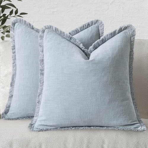 Image of MIULEE Linen Fringe Decorative Euro Throw Pillow Covers Sky Blue 24x24