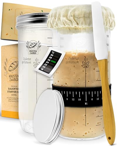 KRUSTENZAUBER 2X Sauerteig Starter Set - 2X 600ml Gärglas mit Spatel u. Thermometer - Brot Backen Zubehör, Sauerteig Glas, Fermentieren, Sourdough Starter Kit, Anstellgut Glas, Fermentierglas