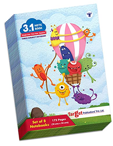 TARGET PUBLICATIONS 3 in 1 Maths Square 9 MM Single Line Notebook Four Line Notebook - 172 Pages 18 x 24 cm Soft Bound 57 GSM | Pack of 8