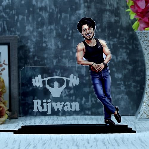 Image of customized gift for men - Bodybuilder Caricature with LED Acrylic Name Plate, Gym Sando Style Personalized 3D Standee.