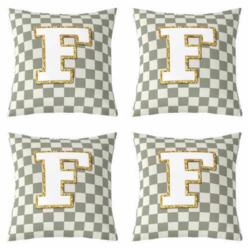 Image of Erosebridal Sage Green Checkered Throw Pillow Covers 18x18 Set of 2 Plaid Initial F Cushion Cover Personalized Monogram Throw Pillow Case for Bed Couch Sofa Fashion Grids Gingham Home Decor