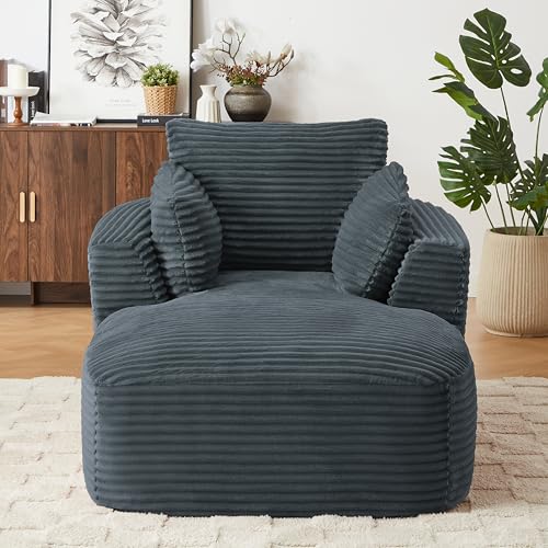Image of 65 inch Soft Corduroy Chaise Lounge Chair Indoor, Lounge Chaise with Spring Cushion, Sleeper Sofa with No Assembly for Living Room and Apartment, Dark Grey
