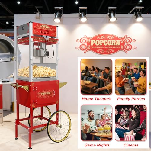 Image of Commercial Popcorn Maker Machine - 28OZ Stainless Steel Kettle Cart, Vintage Movie Theater Style Popper for Home, Parties, Christmas & Events - Red (28OZ /Cart)