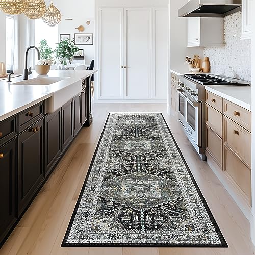 Madane Washable Runner Rug 2x8, Runners for Hallways Non-Slip Kitchen Runner Rugs Ultra-Thin Laundry Room Carpet Runner for Entrance Living Dinning Room Foyer, Grey Green/Black Olive