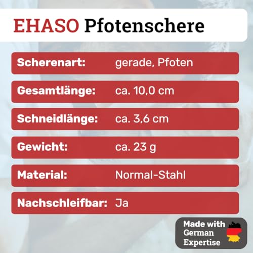 EHASO Premium Pfotenschere 10 cm Rundspitze für Hunde | Abgerundete Schere, Gerade Klinge, Klein und Präzi