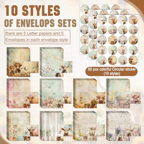 Image of TaoBary 160 Pcs Floral Highland Cow Stationery Paper and Envelopes Set 50 Double Sided Lined Stationery Paper with 50 Envelopes and 60 Round Dot Sticker 8.5 x 11'' Letter Writing Kit, 10 Design