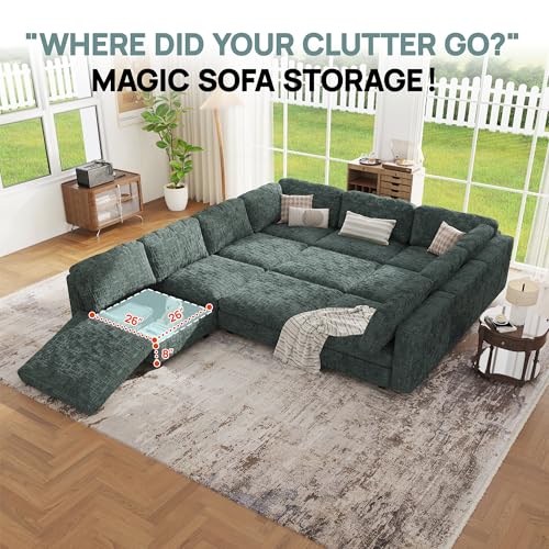 Image of Oversized Modular Sectional Chenille Sofa Bed with Hidden Storage, Comfy Modern 10 Seater Deep Seat Couch, Modular Sectional with Ottoman and Removable Cover for Living Room, Apartment, Green