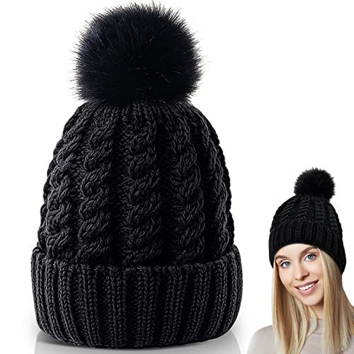 AURUZA Bonnet d'hiver pour Femme - Bonnet Doux avec Doublure Chaude - Chapeaux Stretch Chunky - Bonnet de Ski tricoté épais - Chapeau de randonnée, Noir, Taille Unique