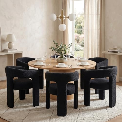 Image of HNY Modern Barrel Kitchen & Dining Room Chairs Set of 6, Sherpa Upholstered Accent Chairs with Arm, 18.5'' Wide Side Armchairs Vanity Chairs for Living Room Bedroom Makeup Small Spaces, Black